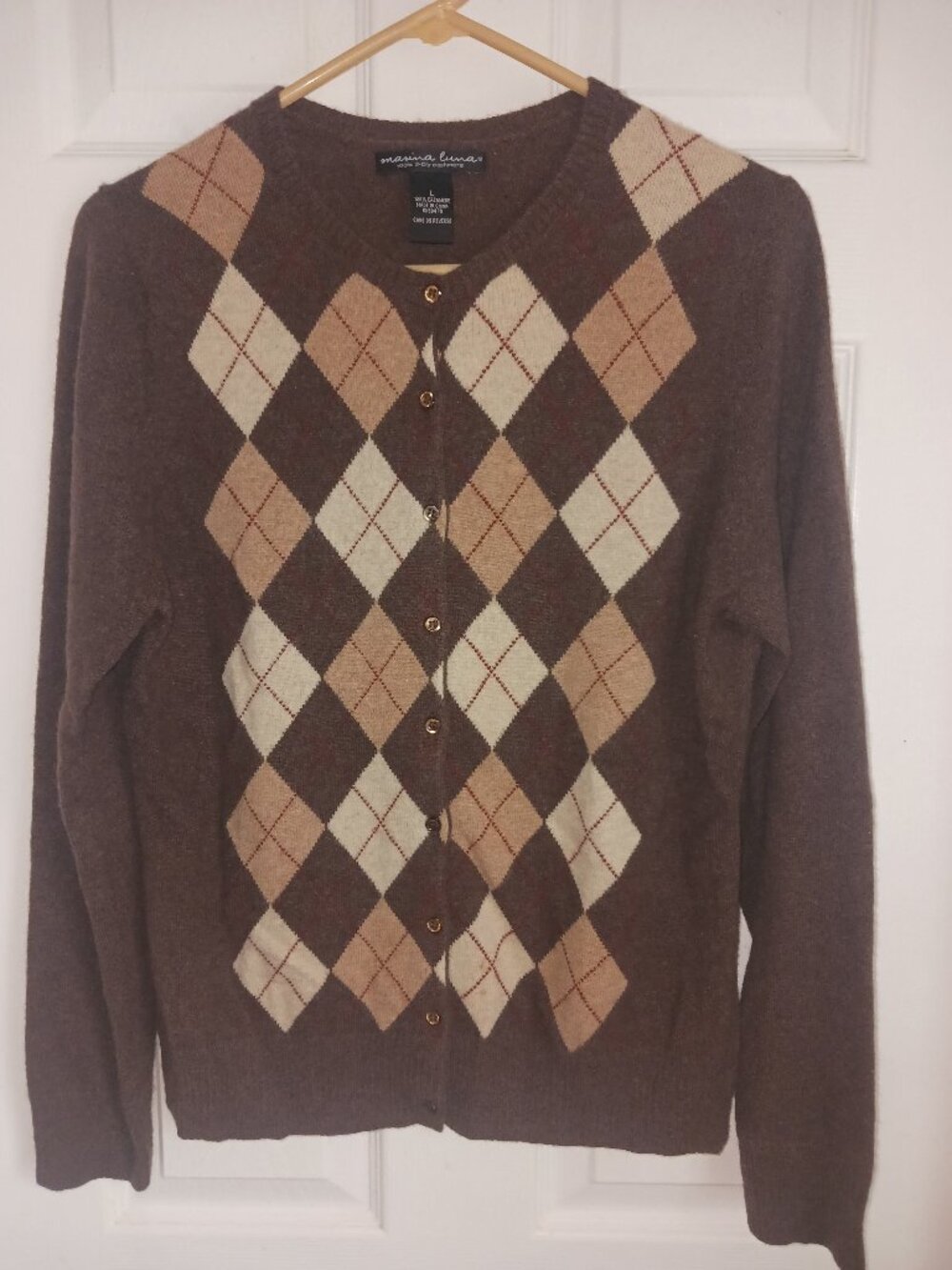Marina Luna 100% Cashmere Argyle Button Front Cardigan Sweater Womens Brown L